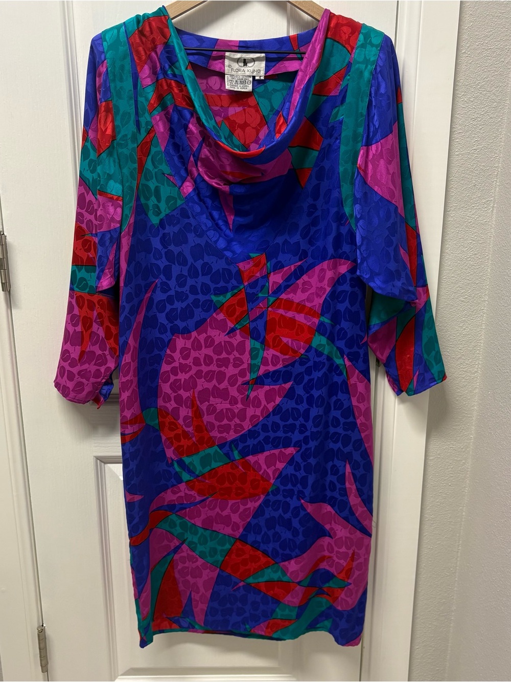 Flora Kung Vintage Silk Shift Dress Abstract Midi Blue Pink 80s Art To Wear Sz 4